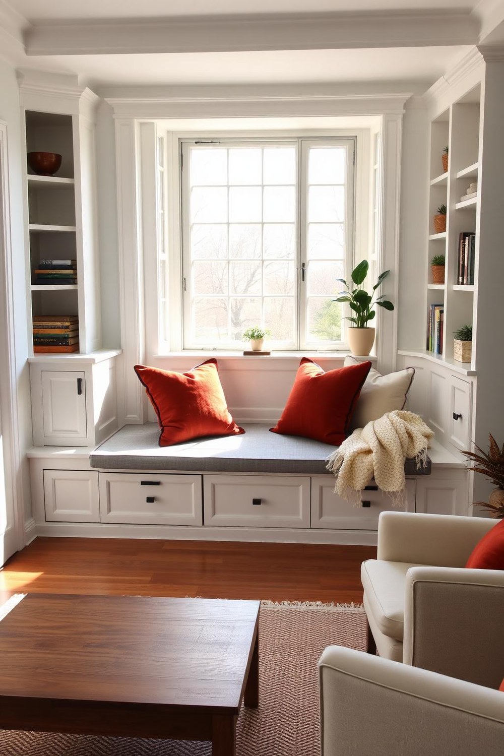 24. Living Room Design with a Window Seat and Reading Nook Built In