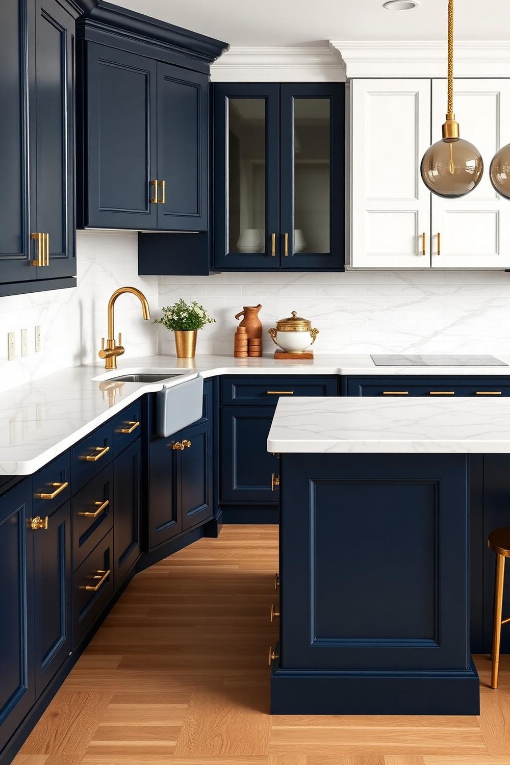 2. Navy Blue Cabinets with Gold Accents and Marble Countertops