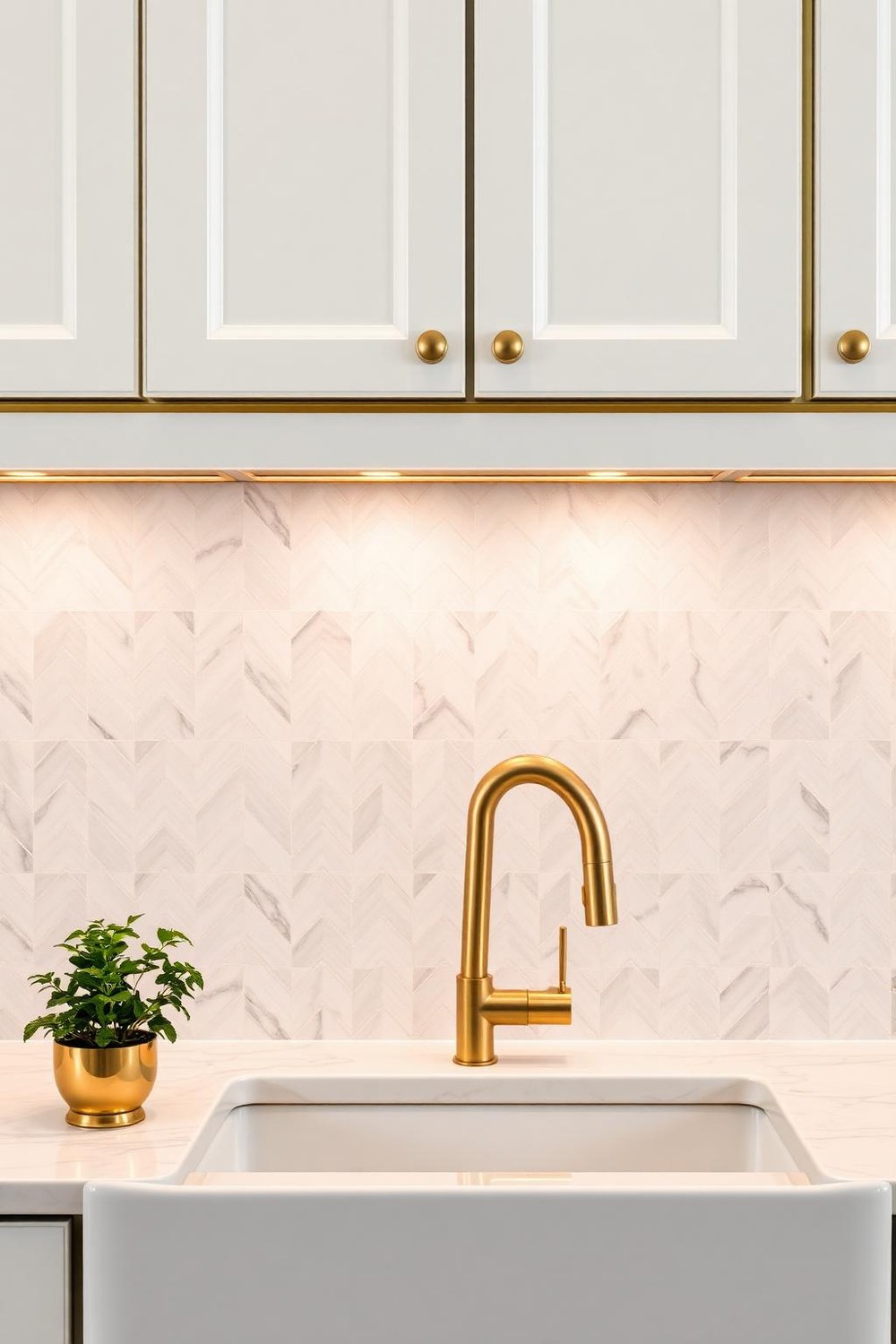 4. Herringbone Marble Backsplash with Gold Trim Detail