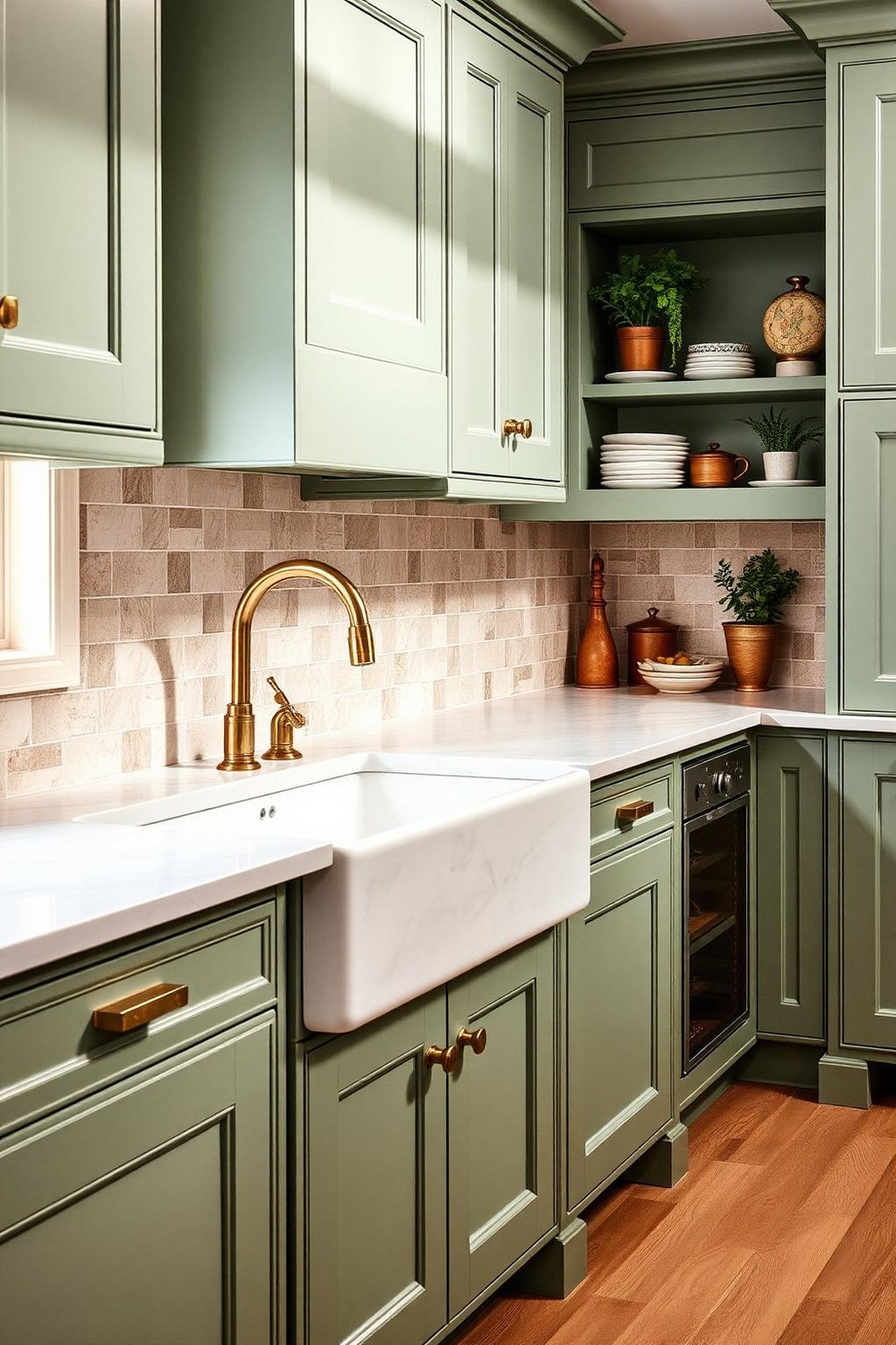 5. Sage Green Cabinets with Unlacquered Brass Hardware