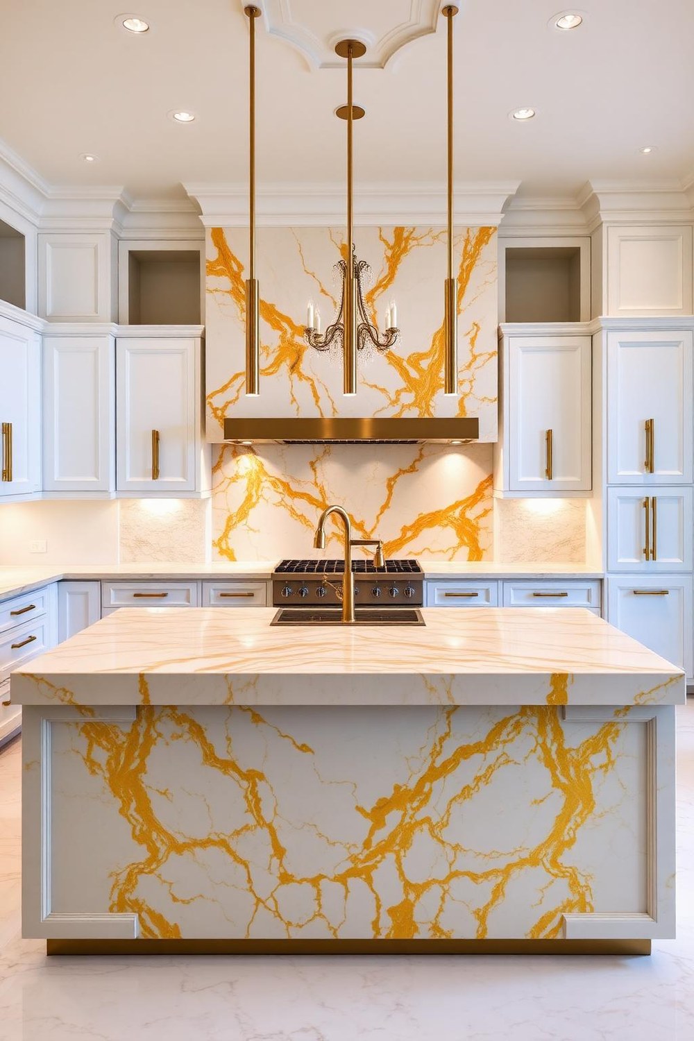 6. Full-Height Gold Veined Marble Kitchen Island