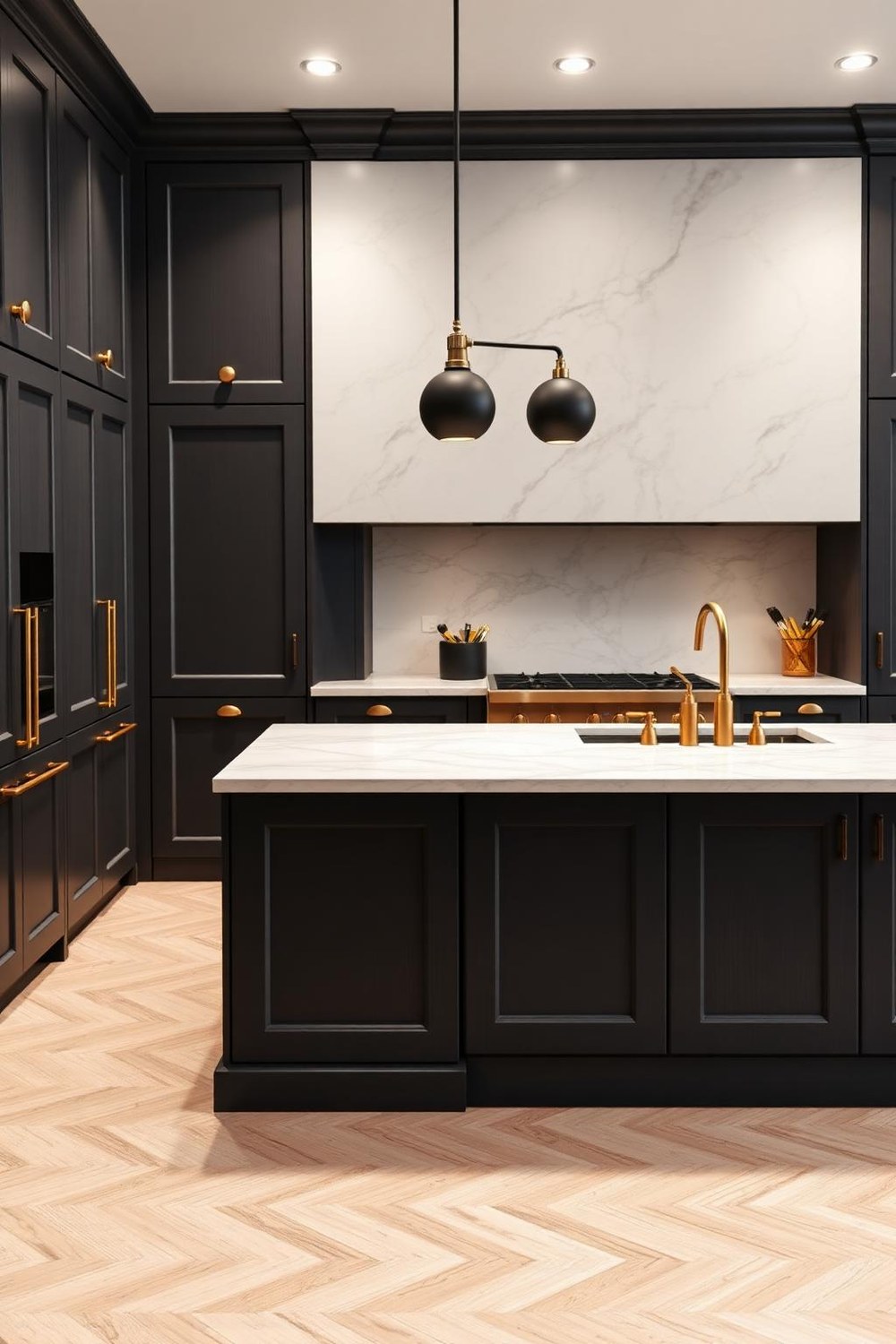 7. Charcoal Grey Cabinets with Gold Hardware and White Marble