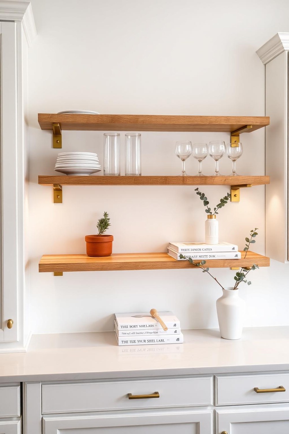 8. Open Shelving with Styled Gold and White Dishware Display