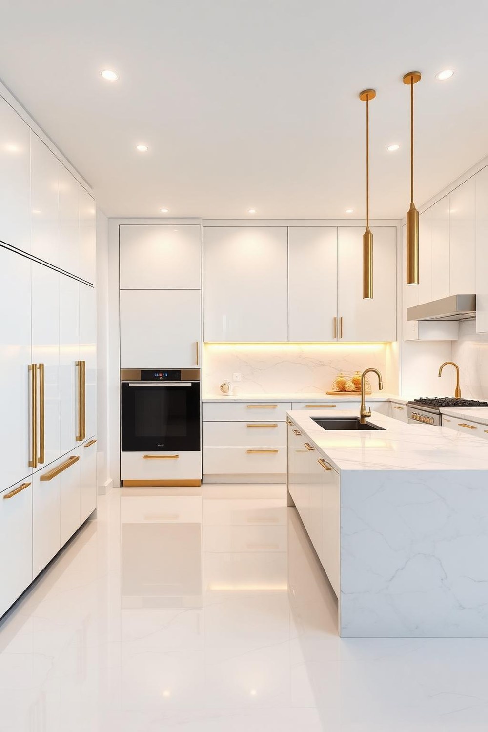 10. Gold Ceiling-Height Cabinets with Integrated Appliances