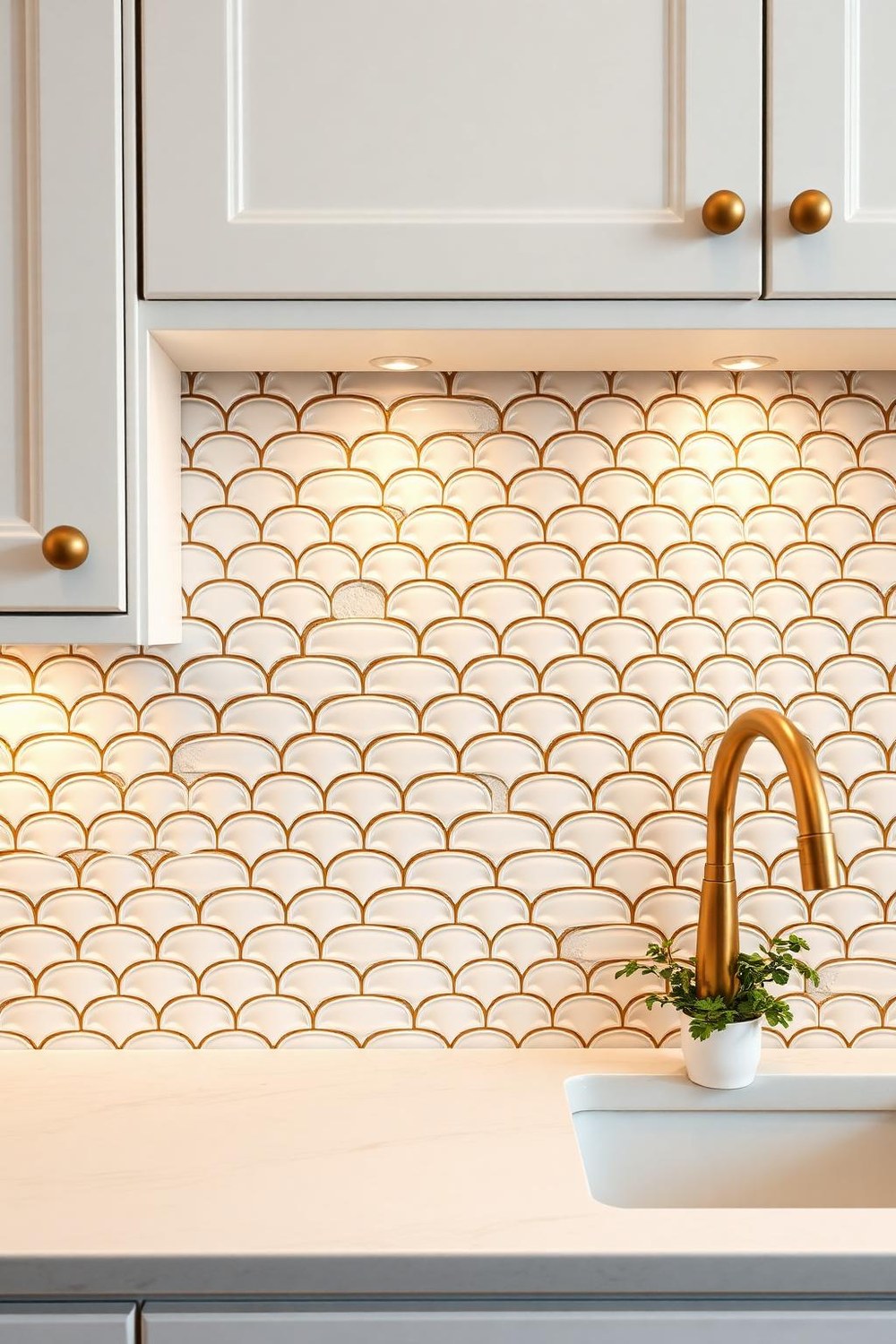 11. Scallop Tile Backsplash in White and Gold Grout