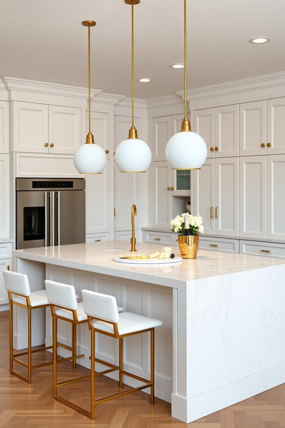 14. Luxury Kitchen Island with Gold Pendant Lights and Bar Seating
