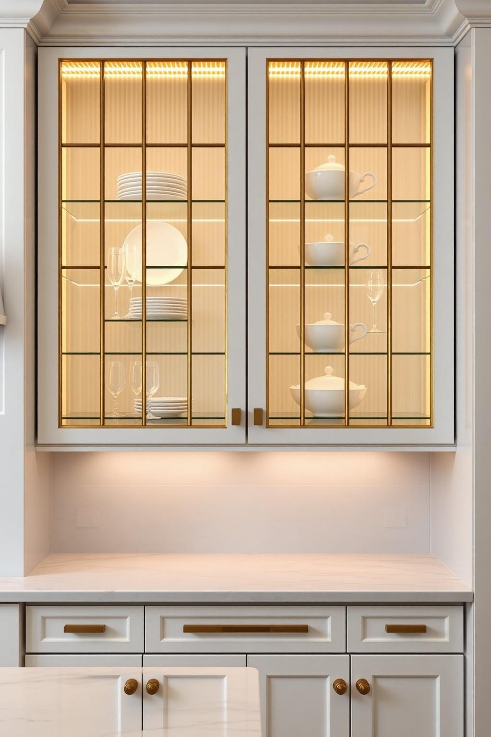 15. Fluted Glass Cabinet Doors with Interior Gold Lighting