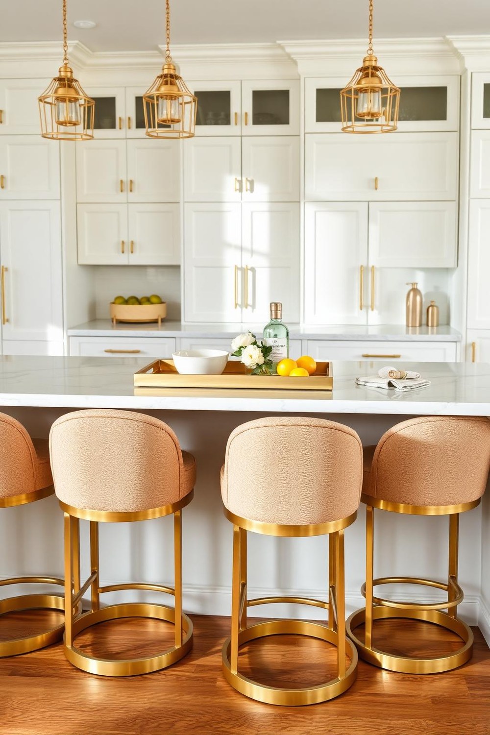 17. Bouclé Kitchen Bar Stools and Gold Counter Accents