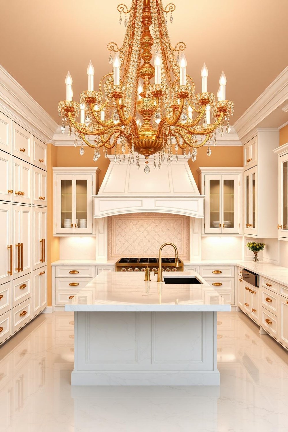 18. White and Gold Kitchen with Chandelier over the Island