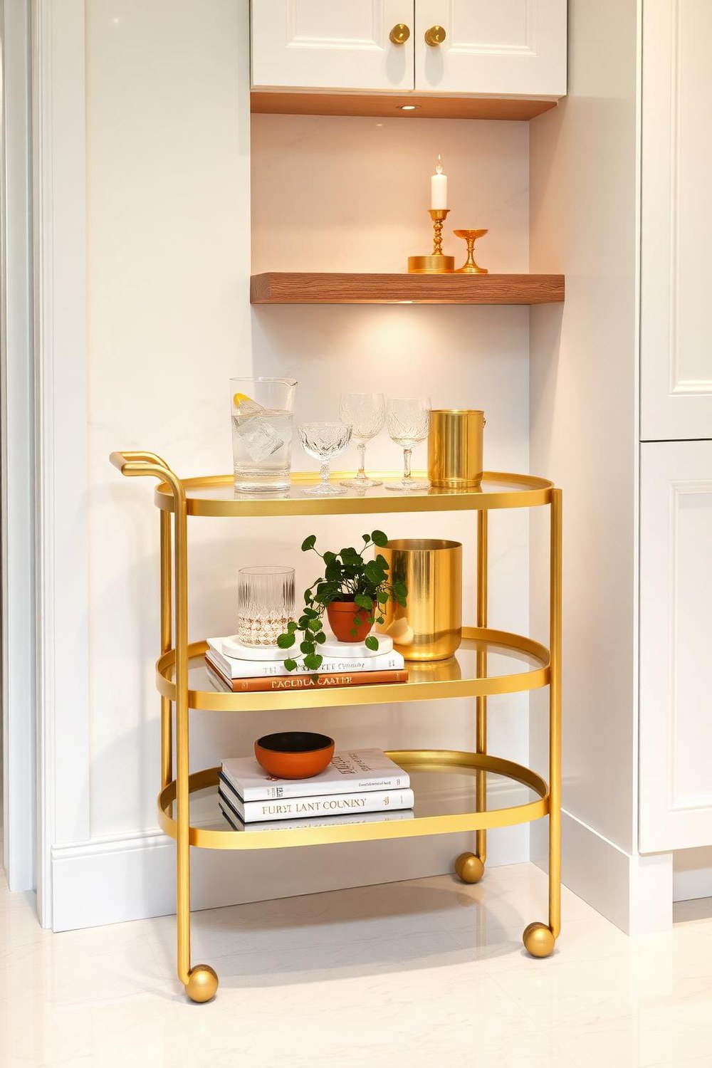 19. Luxury Kitchen Corner: Gold Bar Cart and Styled Shelving