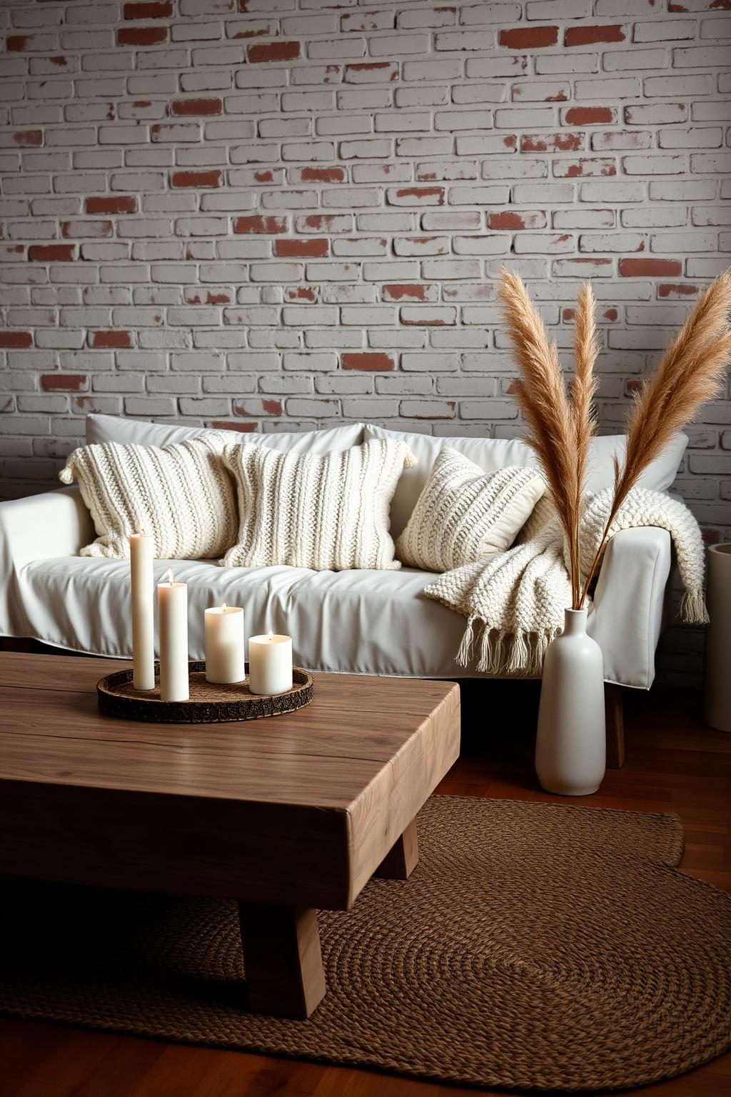 4. Cozy White Living Room with Brick Wall and Wood Accents