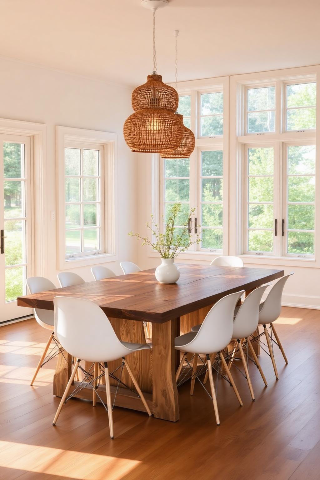 5. White and Wood Dining Room with Rattan Pendant Lights