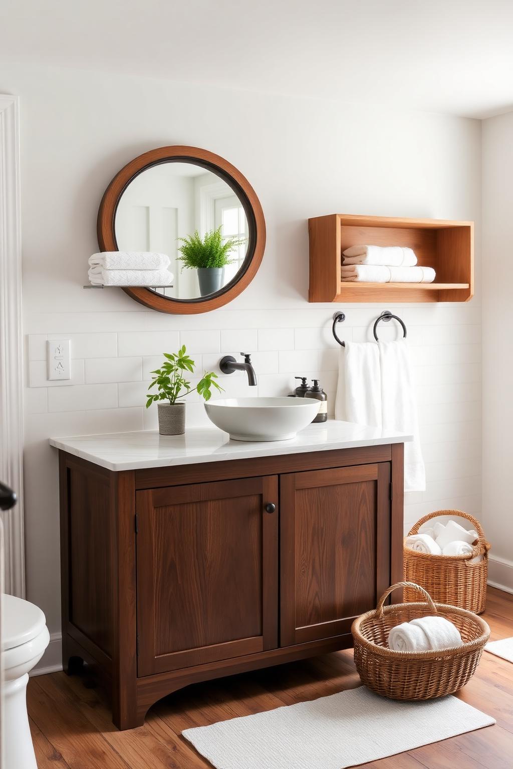 7. Farmhouse Bathroom with Wood Vanity and Round Mirror