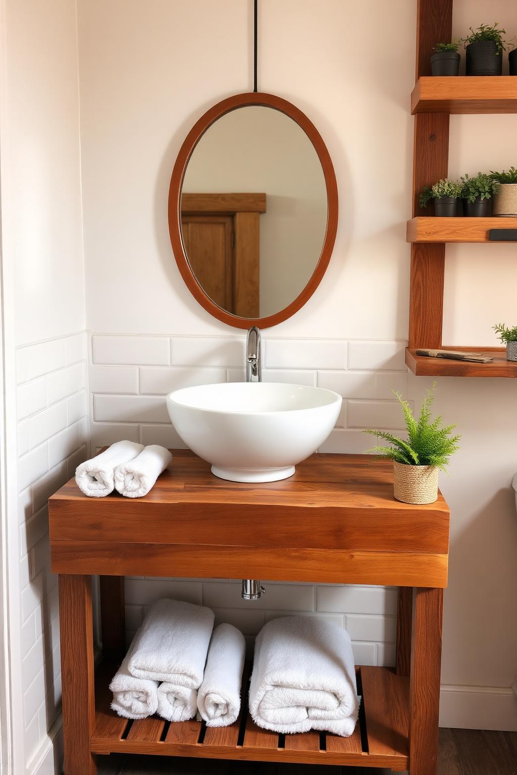 8. Rustic Wood Bathroom with Open Shelf Vanity