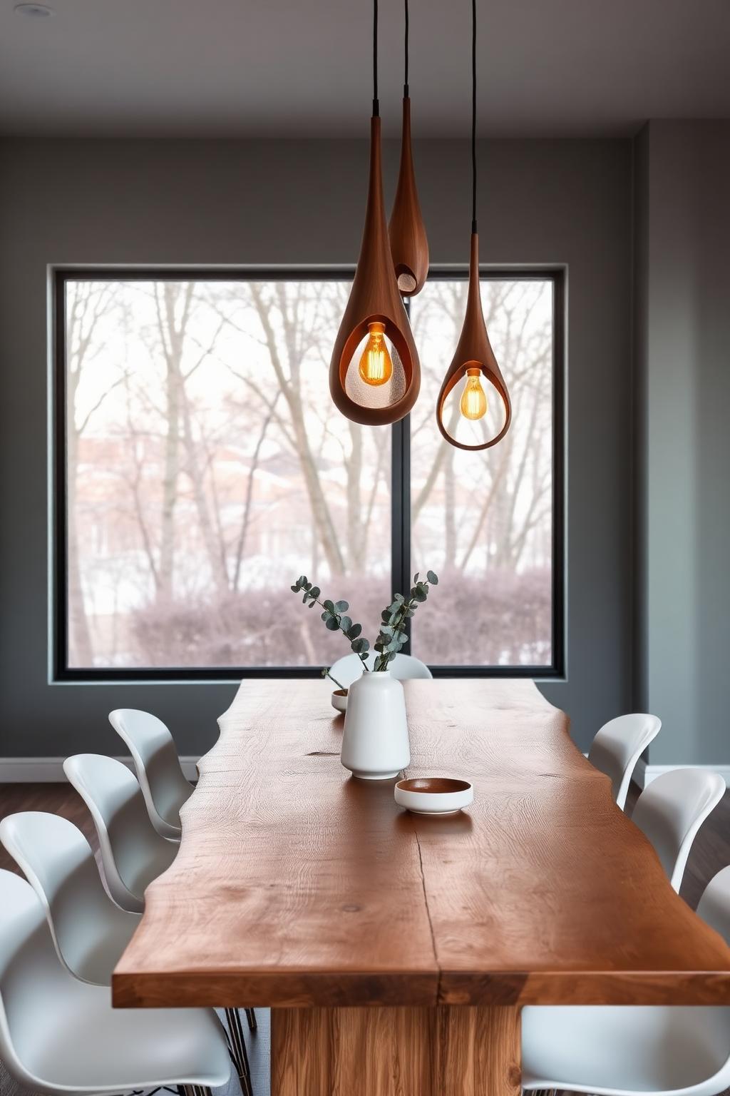 10. Wood Dining Table with Sculptural Pendant Lights