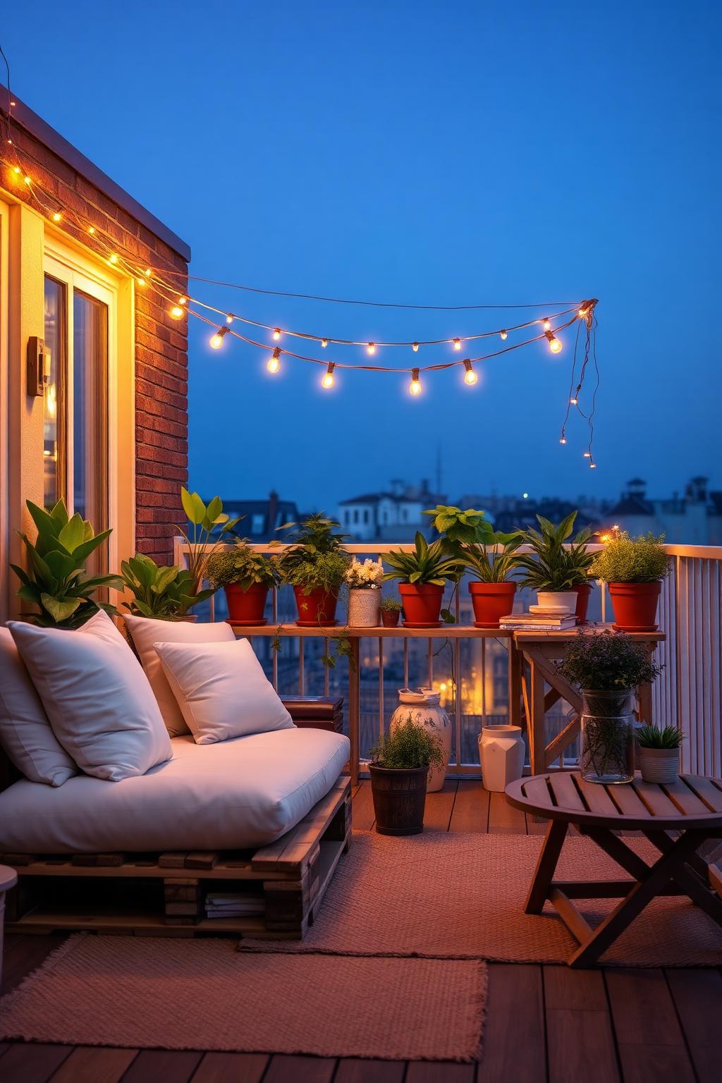 11. Balcony Garden with White Cushions and String Lights