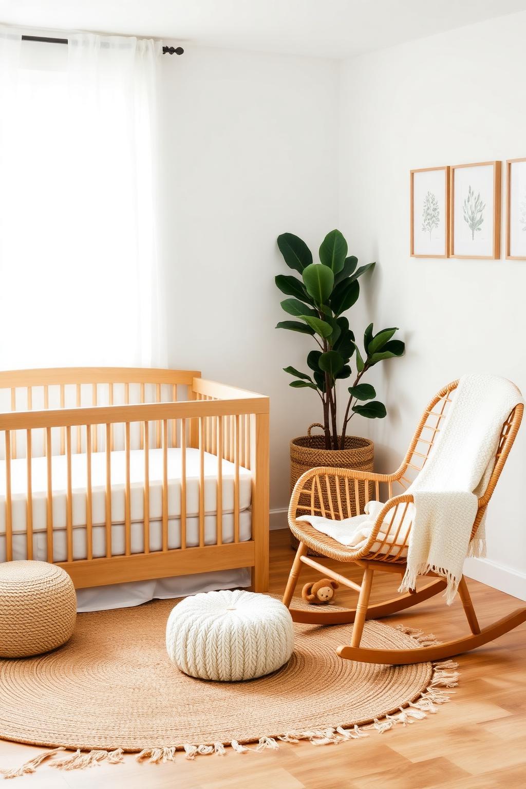 13. Cozy Nursery with Rattan Rocker and Wood Crib