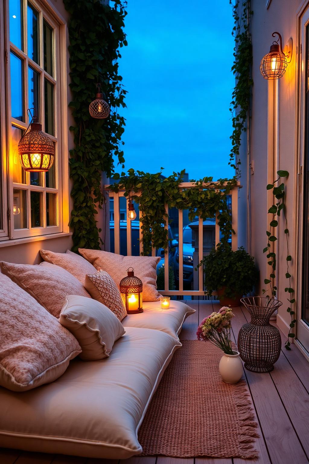 15. Boho White Balcony with Floor Cushions and Lanterns