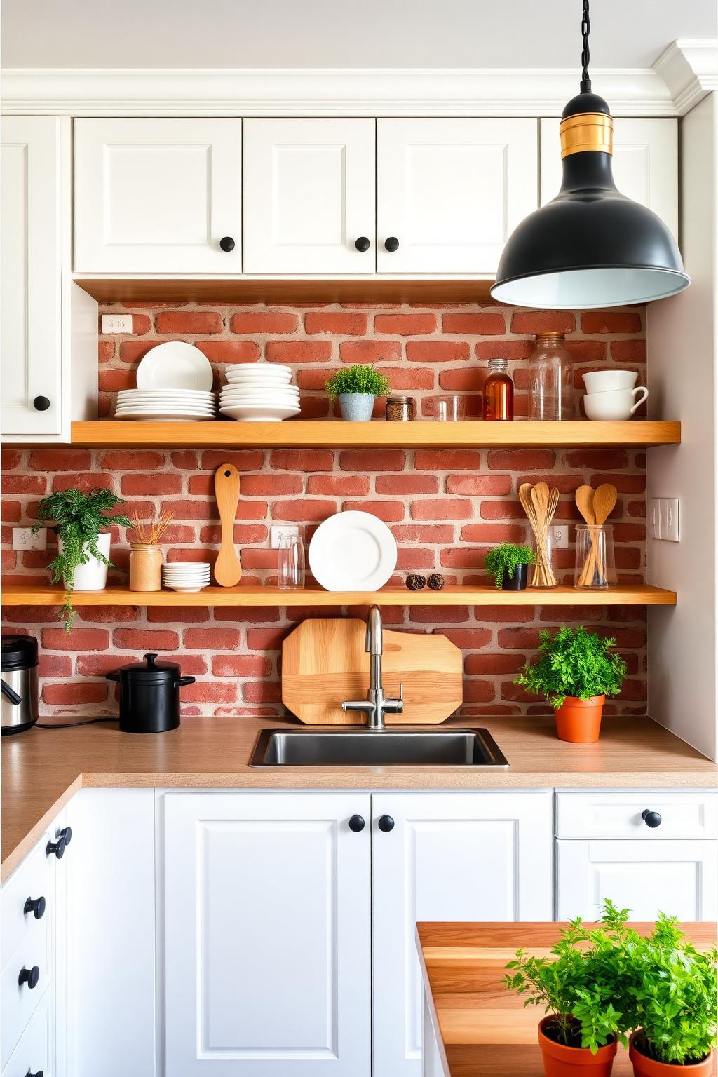 16. White Kitchen with Brick Backsplash and Wood Shelves