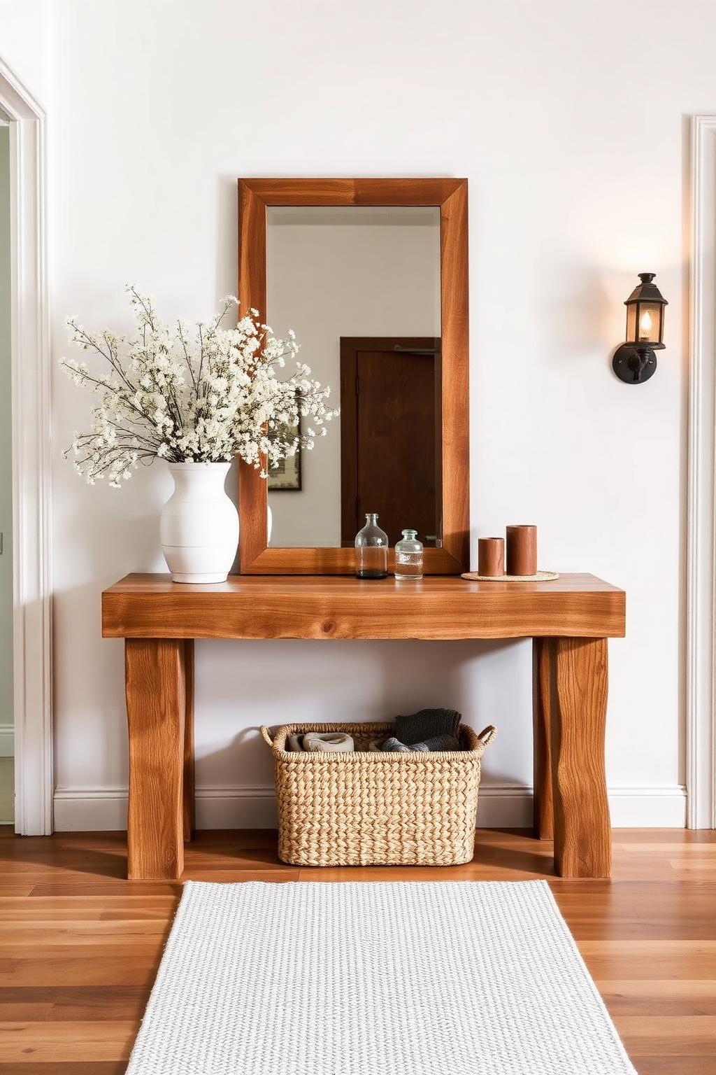 17. Rustic Entryway with Wood Console and Wildflowers