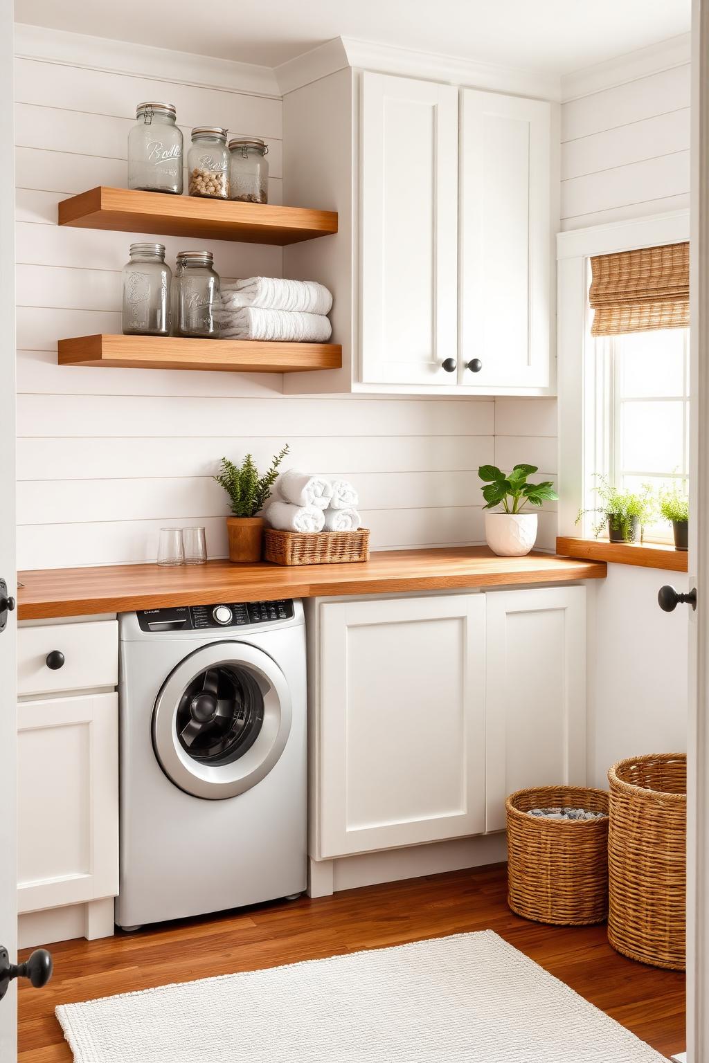 18. Cozy Laundry Room with Wood Countertop and Open Shelves