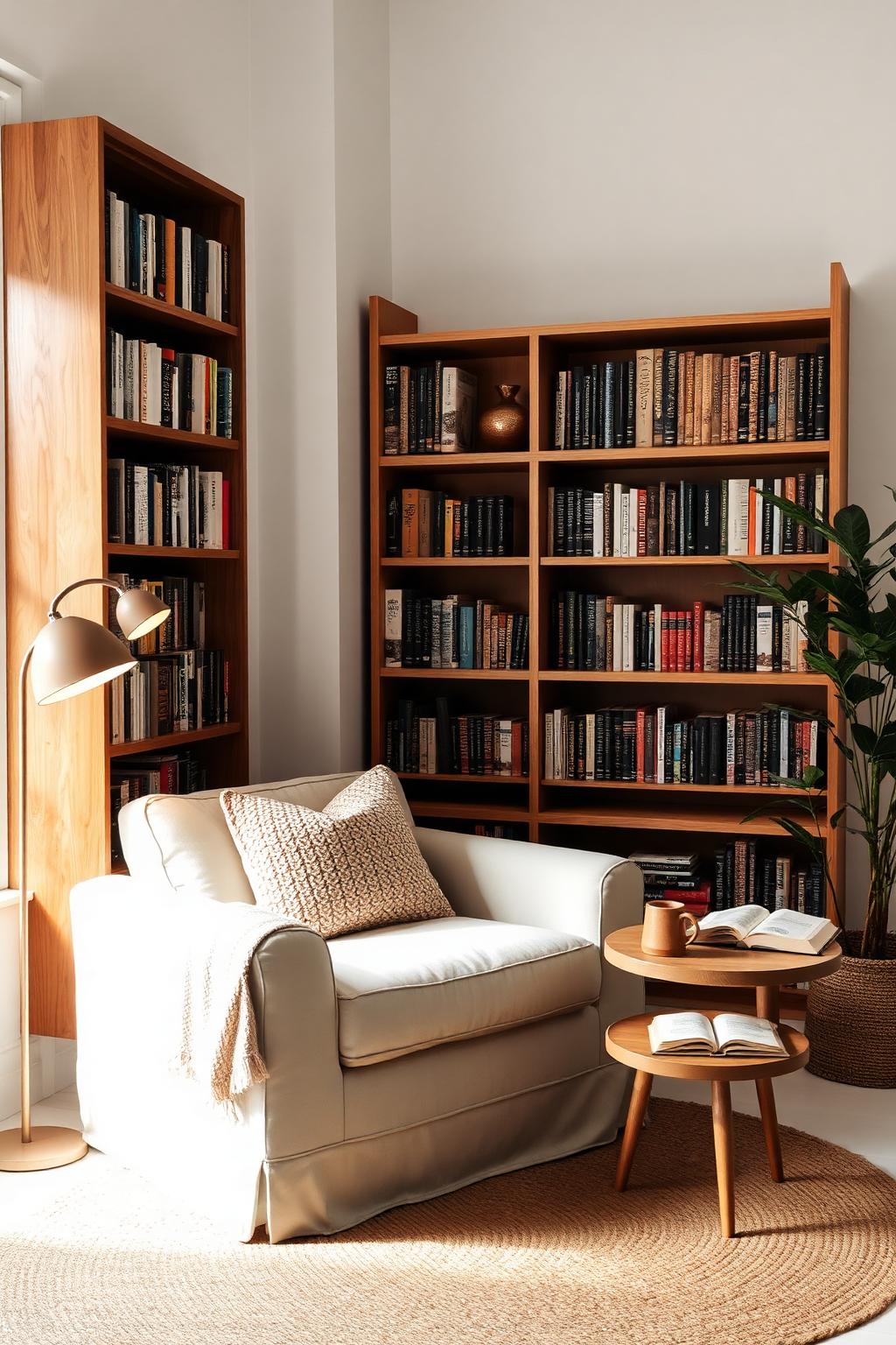19. Reading Nook with White Chair and Wood Bookshelves