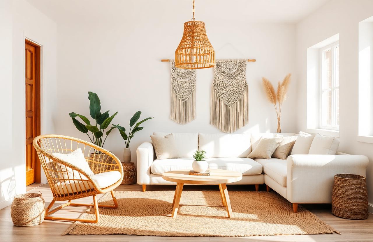 22. Boho Living Room with Rattan Furniture and White Walls