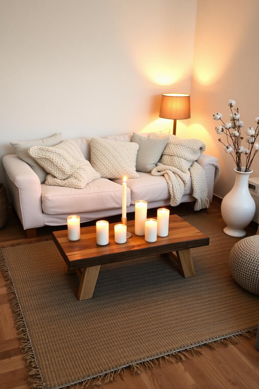 24. Hygge Living Room with Candles and Knit Textures