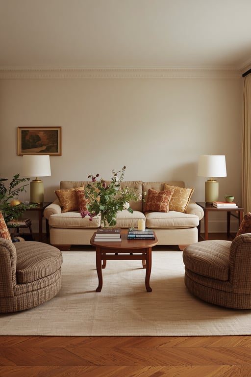 intimate living room arrangement with seating pulled close together