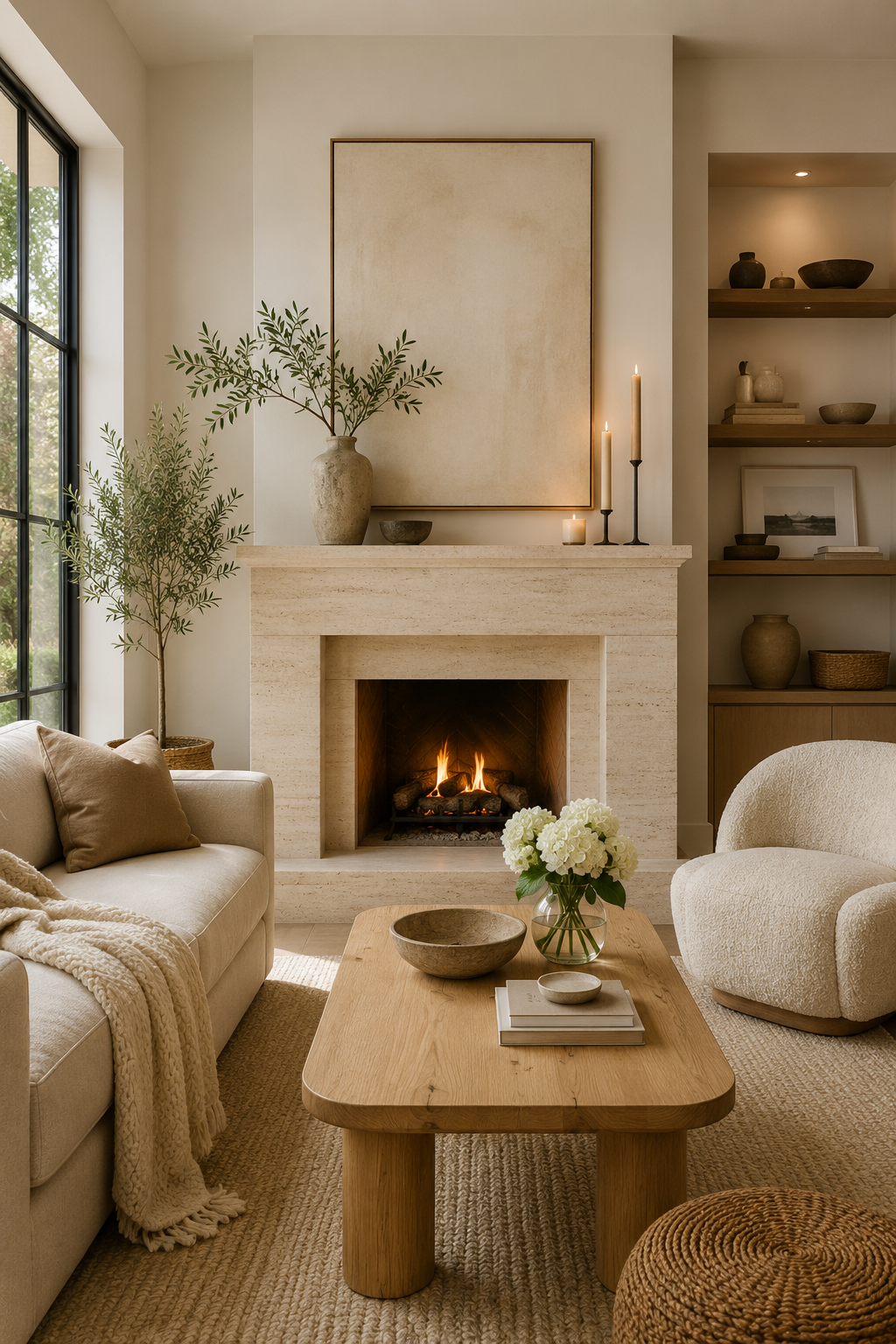 16 Fireplace Styling Ideas for Cozy Living Rooms with Creamy Stone Surrounds — inspiration 1 of 16