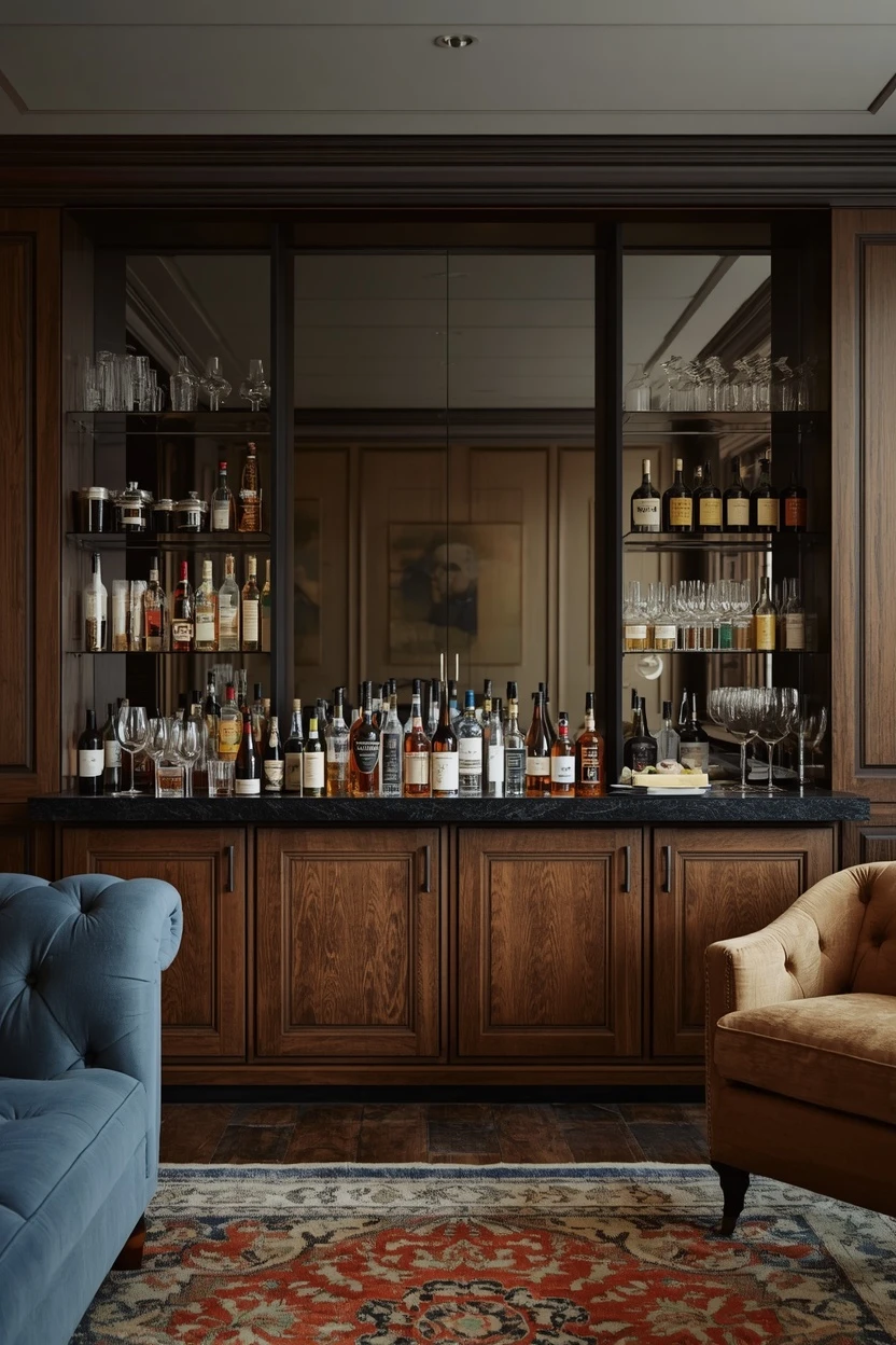 lounge bar decorating ideas with an antiqued-mirror backdrop behind the bottles
