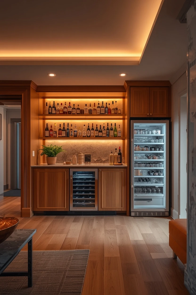 living room bar ideas with a glass-fronted drinks fridge and wine cooler
