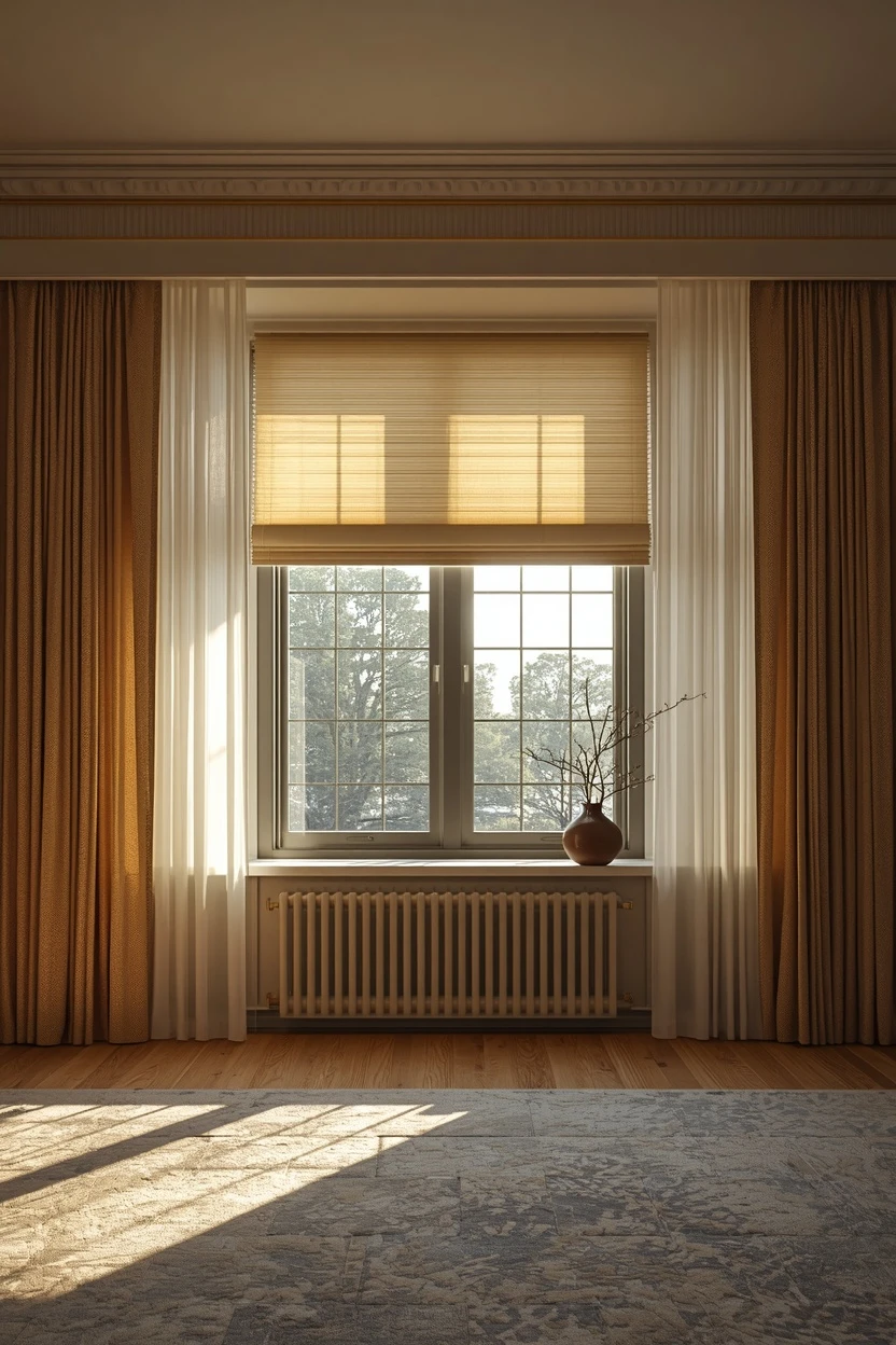 living room window covering ideas matching a blind and drapes to the window's job