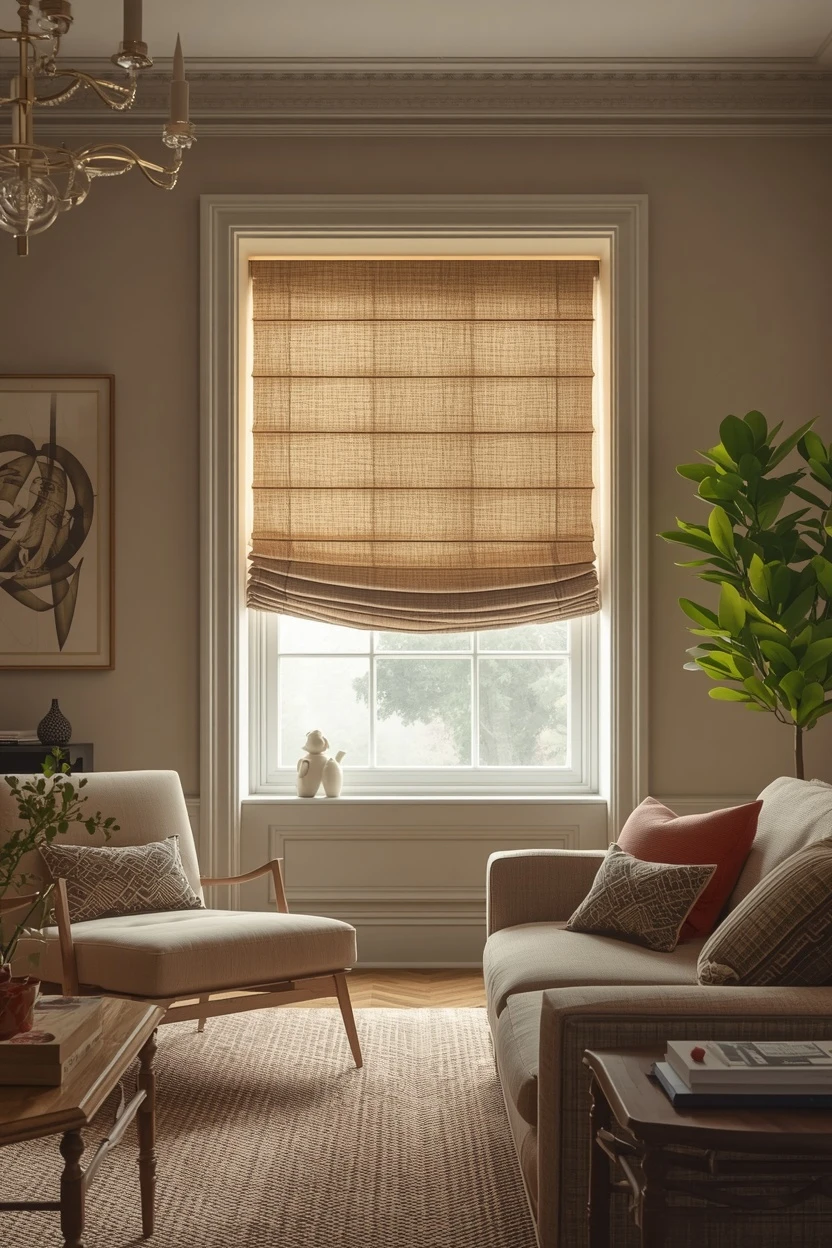 living room window covering ideas with a tailored roman shade