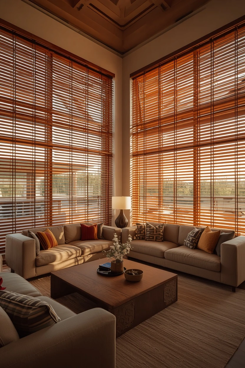 living room window covering ideas with wood venetian blinds for adjustable light