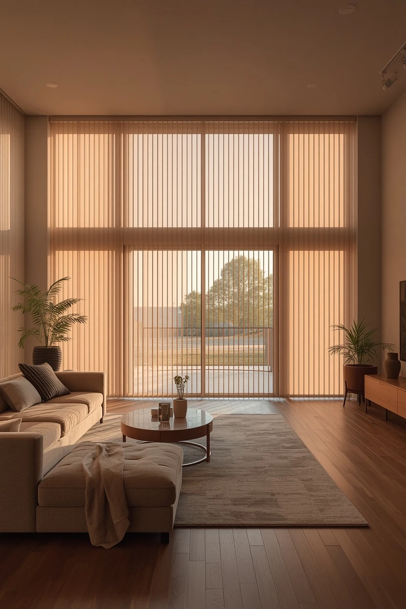 living room window covering ideas with vertical blinds on wide patio doors