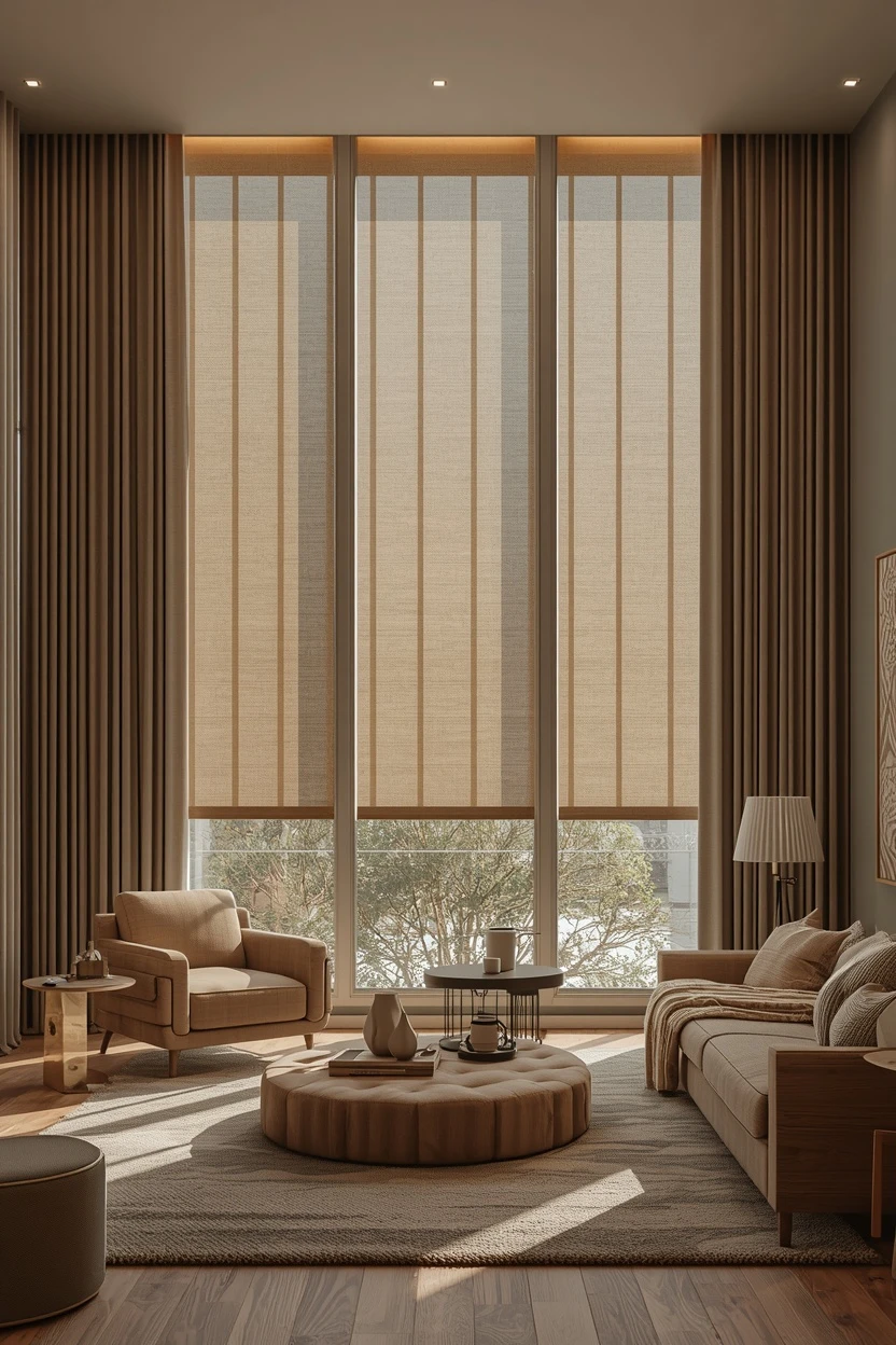 living room window covering ideas with motorised blinds on a tall window