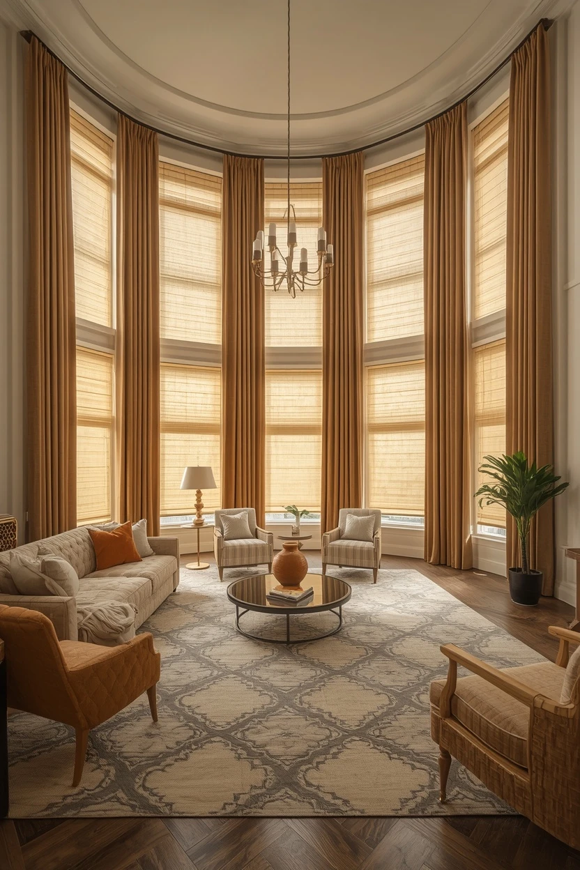 living room window covering ideas kept cohesive across multiple windows