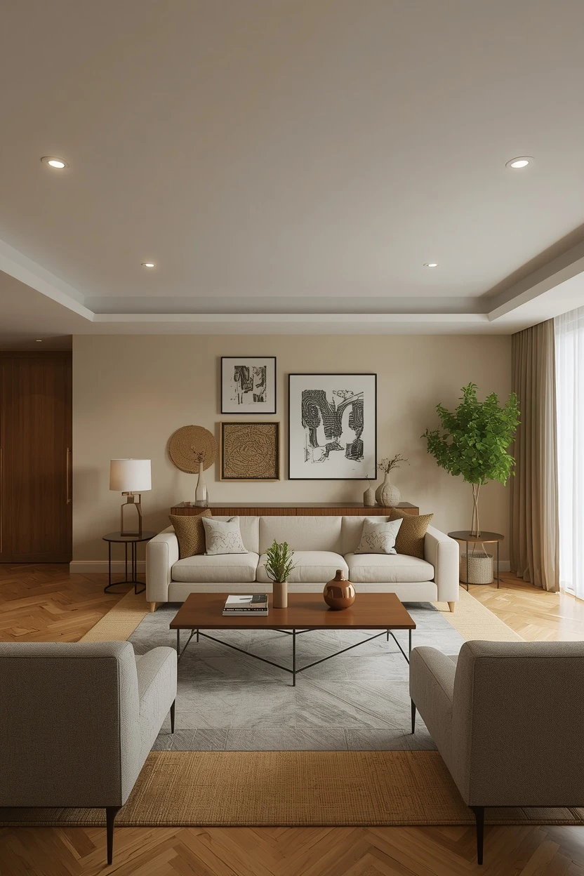 symmetrical living room layout with two matching sofas facing each other