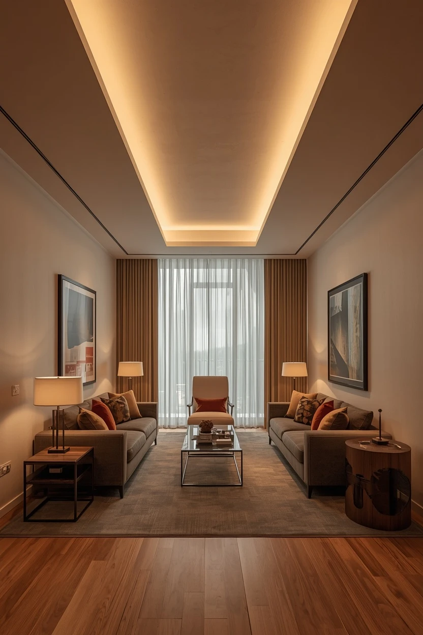 square living room layout with a centred seating group and large rug