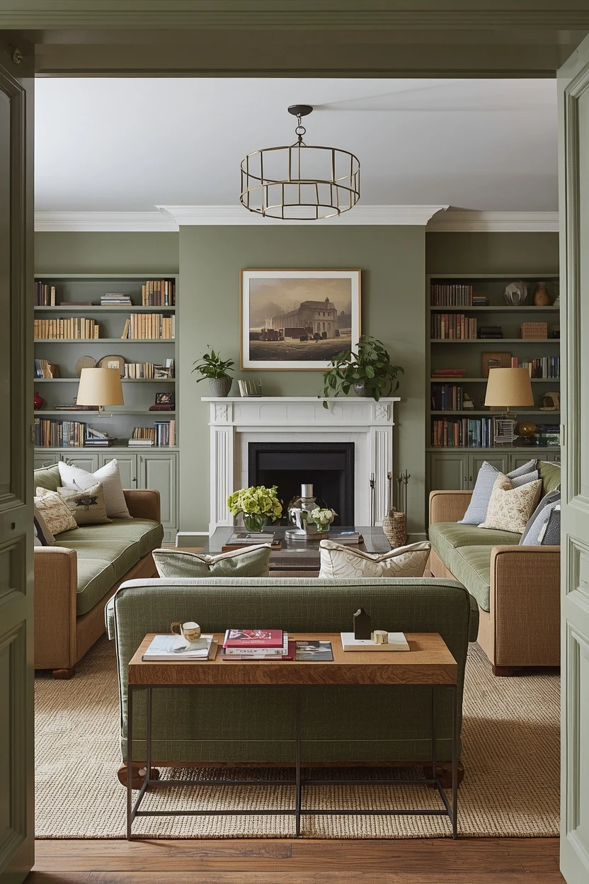 living room arrangement anchored to a fireplace focal point