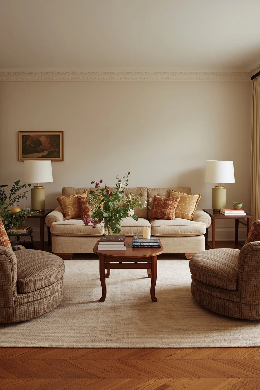 living room arrangement with a large sofa balanced by two armchairs