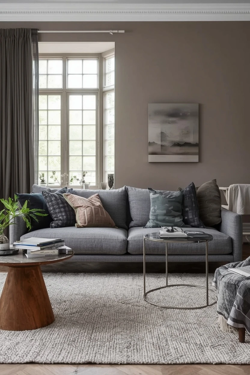 grey settee styled with layered tonal greys