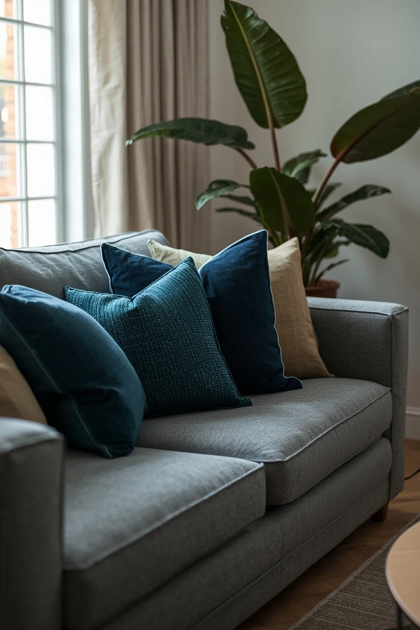 grey settee with blue and green accents