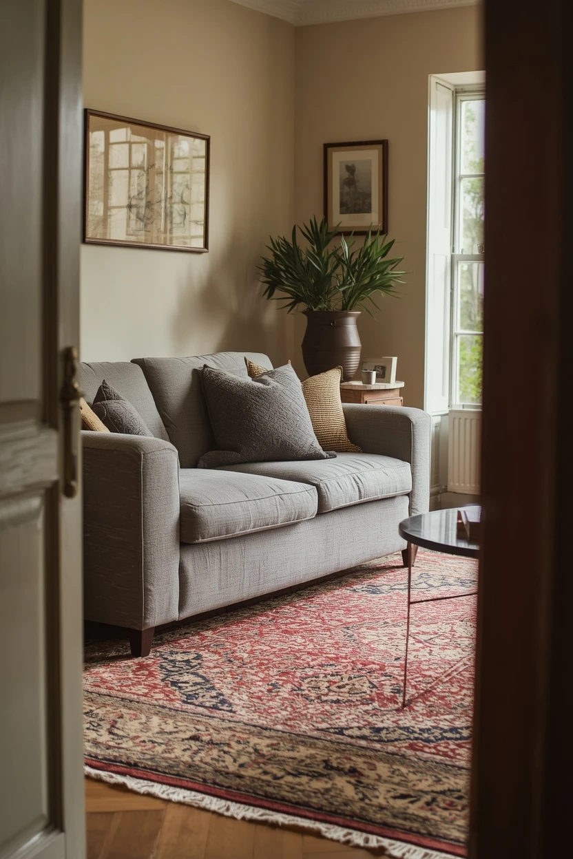 grey settee grounded with a patterned rug