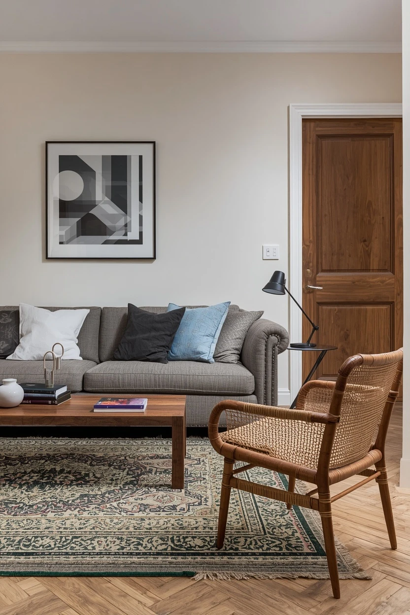 grey settee warmed with natural wood tones