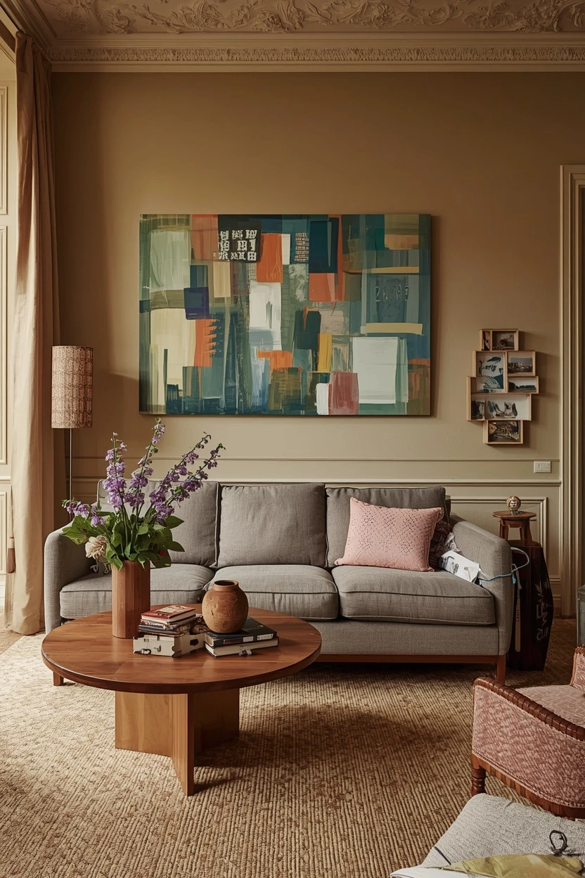 grey settee living room framed with colourful art